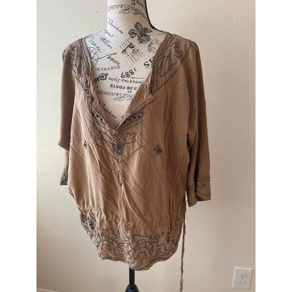 Ralph Lauren Womens Top 100% Silk Beaded Boho Peasant Blouse Tan Brown Medium